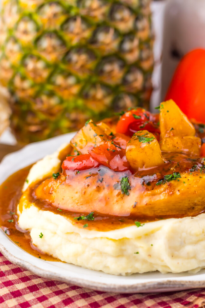 Tender slow cooker sweet chili pineapple chicken ready to serve.
