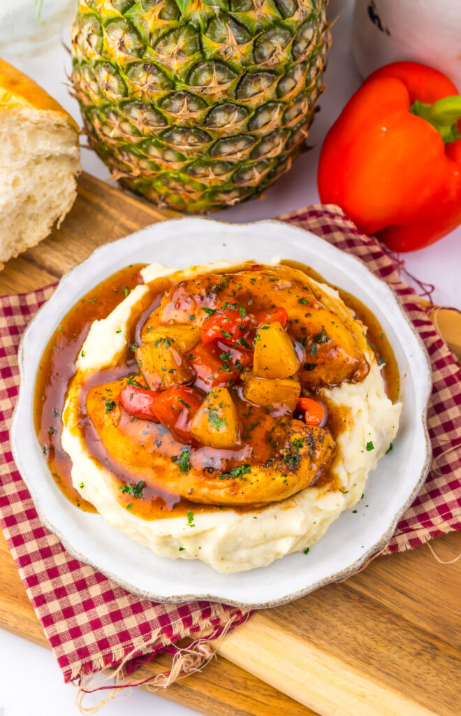 Tender slow cooker sweet chili pineapple chicken ready to serve.
