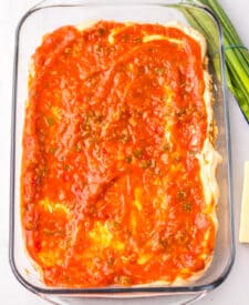 Salsa spread over cream cheese layer in patriotic taco dip.