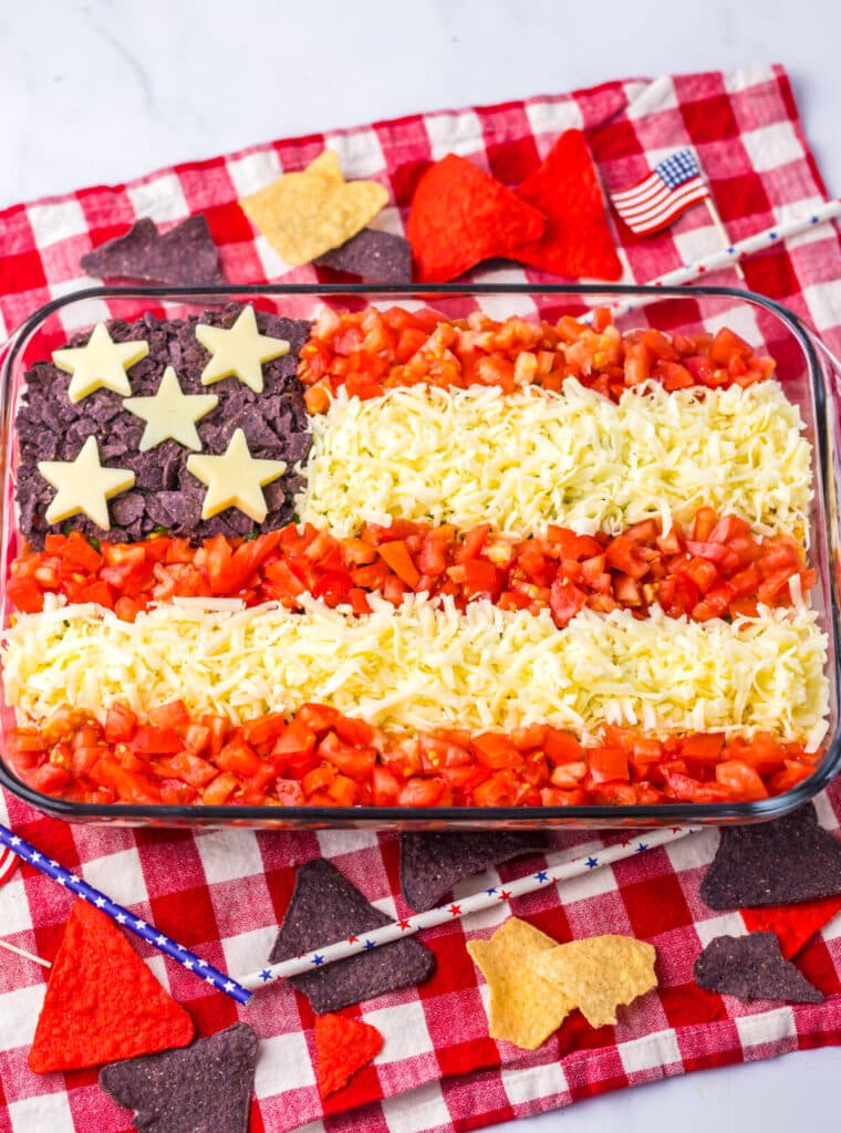 Festive Flag Taco Dip in a 9x13 dish for summer parties.