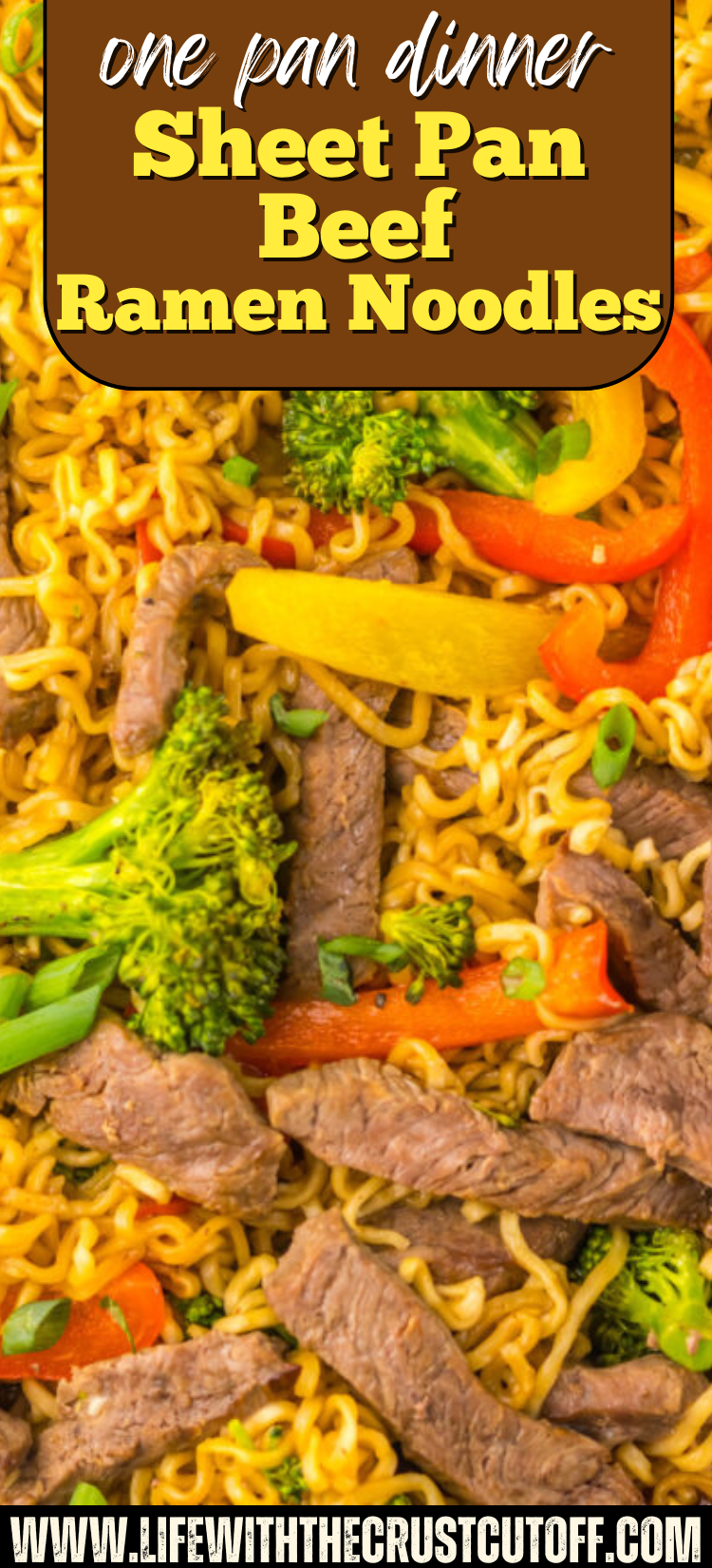 Sheet Pan Beef Ramen Noodles made with ground beef, ramen noodles, vegetables, and a savory sauce, all roasted together on one pan.