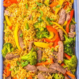 Close-up of baked Sheet Pan Beef Ramen with tender beef and vegetables.