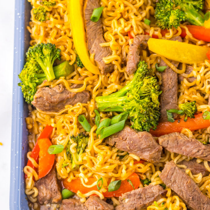 Close-up of baked Sheet Pan Beef Ramen with tender beef and vegetables.