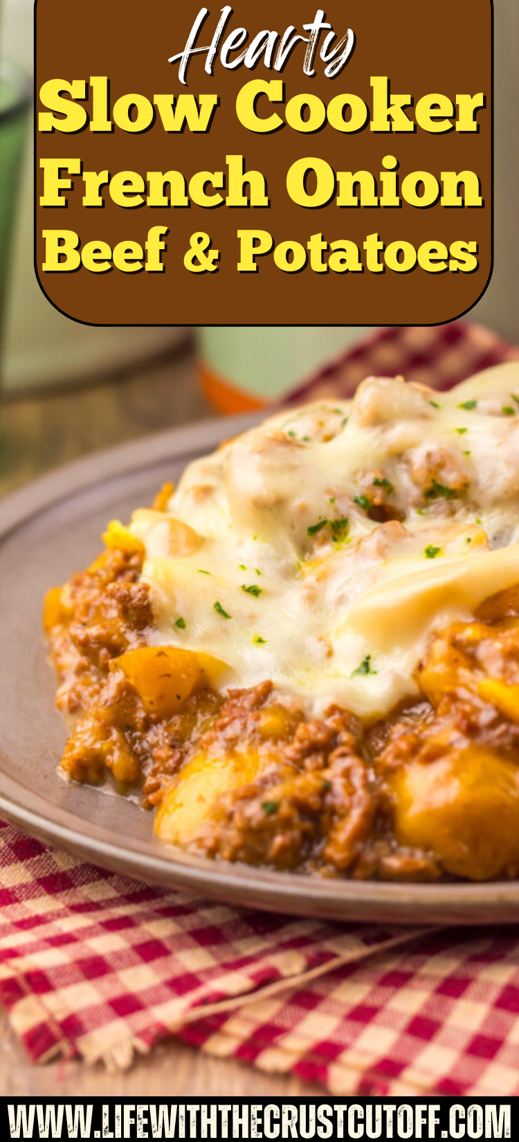 Slow Cooker French Onion Beef and Potatoes with seasoned ground beef, tender potatoes, and a rich onion gravy.