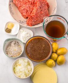Ingredients for Slow Cooker French Onion Beef and Potatoes including ground beef, baby potatoes, French onion soup, broth, and seasonings.