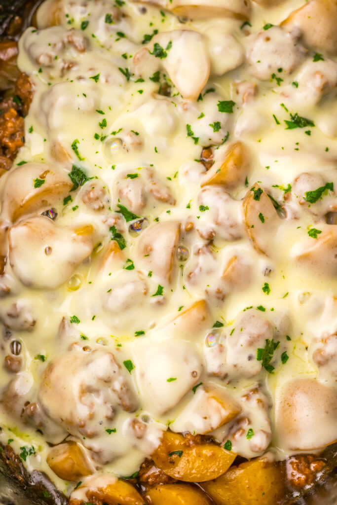 Tender beef and potatoes coated in creamy French onion sauce with melted provolone cheese.