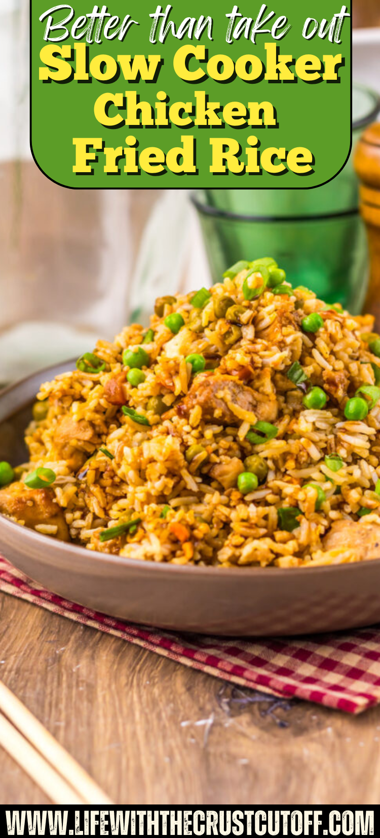 Slow Cooker Chicken Fried Rice made with tender chicken, rice, scrambled eggs, peas, carrots, and savory seasonings.