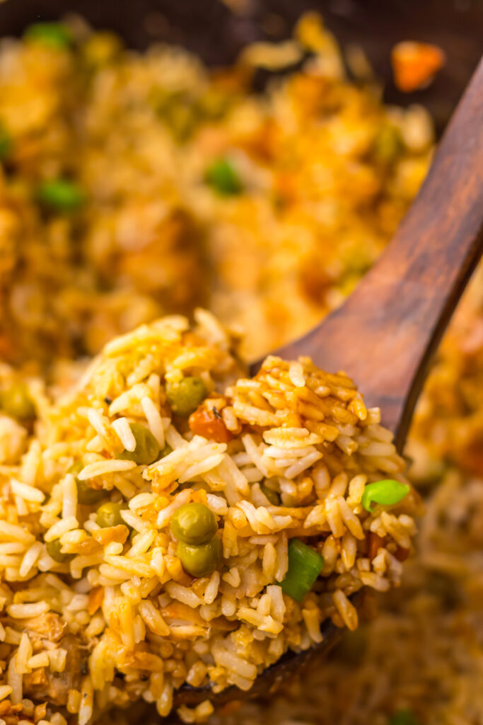 Close-up of homemade Slow Cooker Chicken Fried Rice ready for dinner.