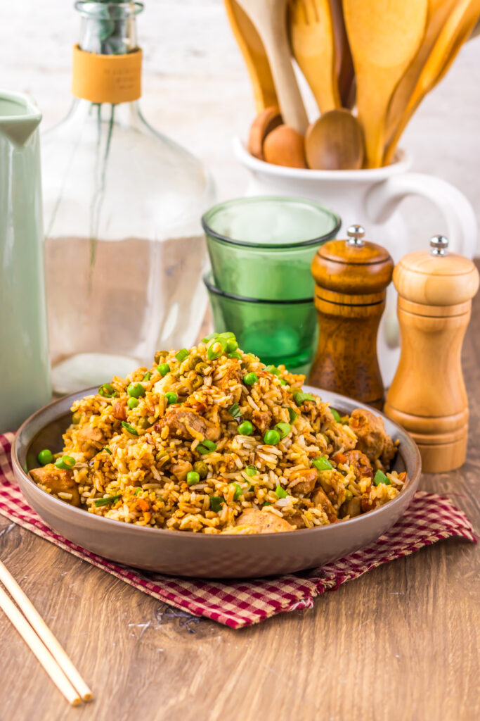 Takeout-inspired Slow Cooker Chicken Fried Rice made with chicken, rice, eggs, and vegetables.