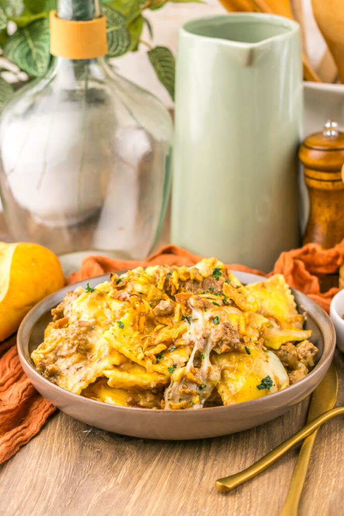 Slow Cooker French Onion Ravioli served with crispy fried onions on top.