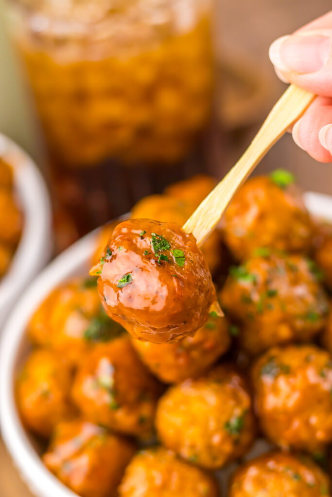 Root Beer Meatballs served warm with toothpicks for an easy party appetizer.