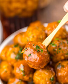 Sweet and tangy Slow Cooker Root Beer Meatballs made with barbecue sauce and root beer.
