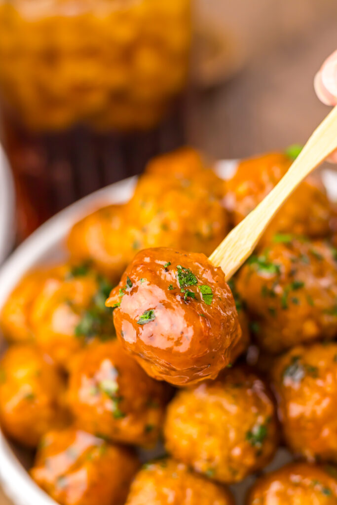 Sweet and tangy Slow Cooker Root Beer Meatballs made with barbecue sauce and root beer.