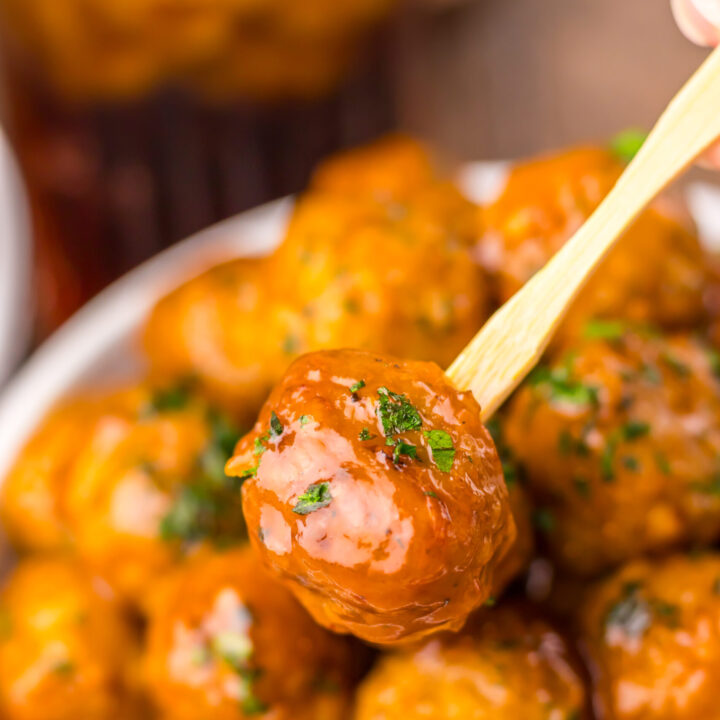 Sweet and tangy Slow Cooker Root Beer Meatballs made with barbecue sauce and root beer.