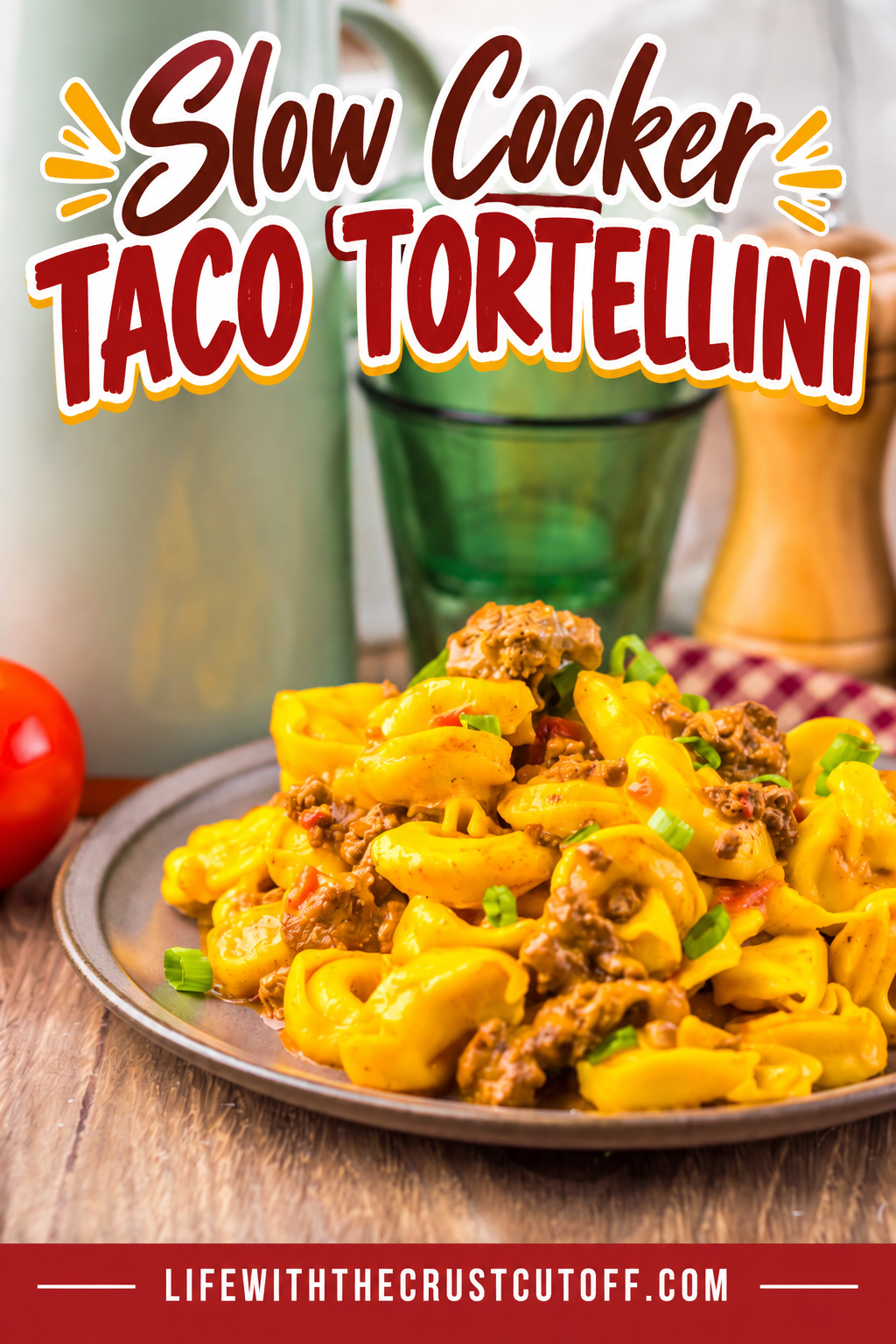 Slow Cooker Taco Tortellini made with tender cheese tortellini, seasoned ground beef, tomatoes, and plenty of cheesy taco flavor.