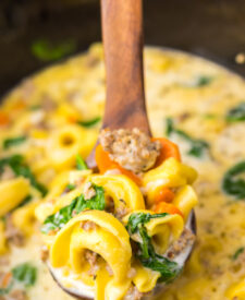 Finished Slow Cooker Creamy Tortellini Soup ready to serve.