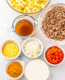 Ingredients for Slow Cooker Taco Tortellini including ground beef, cheese tortellini, taco seasoning, tomatoes, and cheese.