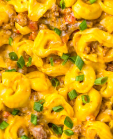 Ground beef, tortellini, and taco ingredients prepared for an easy slow cooker dinner.