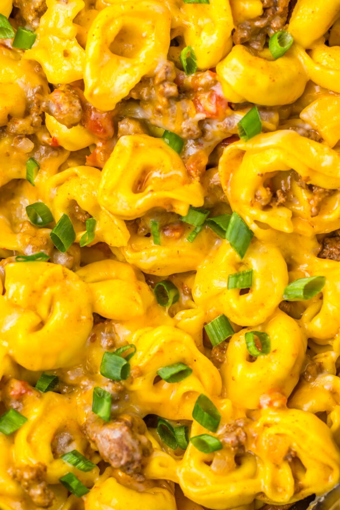 Ground beef, tortellini, and taco ingredients prepared for an easy slow cooker dinner.