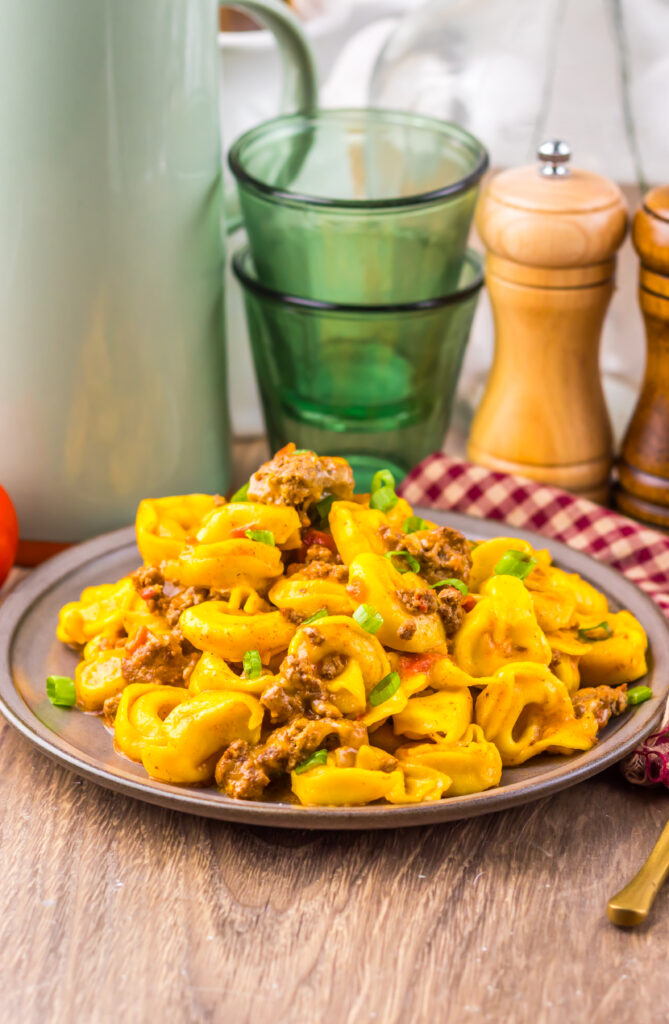 Slow Cooker Taco Tortellini served in a bowl for an easy family dinner.