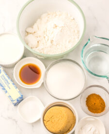 Ingredients for homemade Snickerdoodle Cobbler with cinnamon sugar filling and cobbler batter.