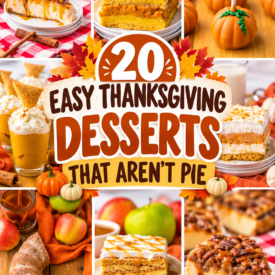 Collage of easy Thanksgiving desserts that aren't pie, including caramel apple cheesecake, pumpkin bars, pumpkin cookie truffles, pumpkin lush, apple cider doughnut cake, caramel apple icebox cake, and pecan pie cheesecake.