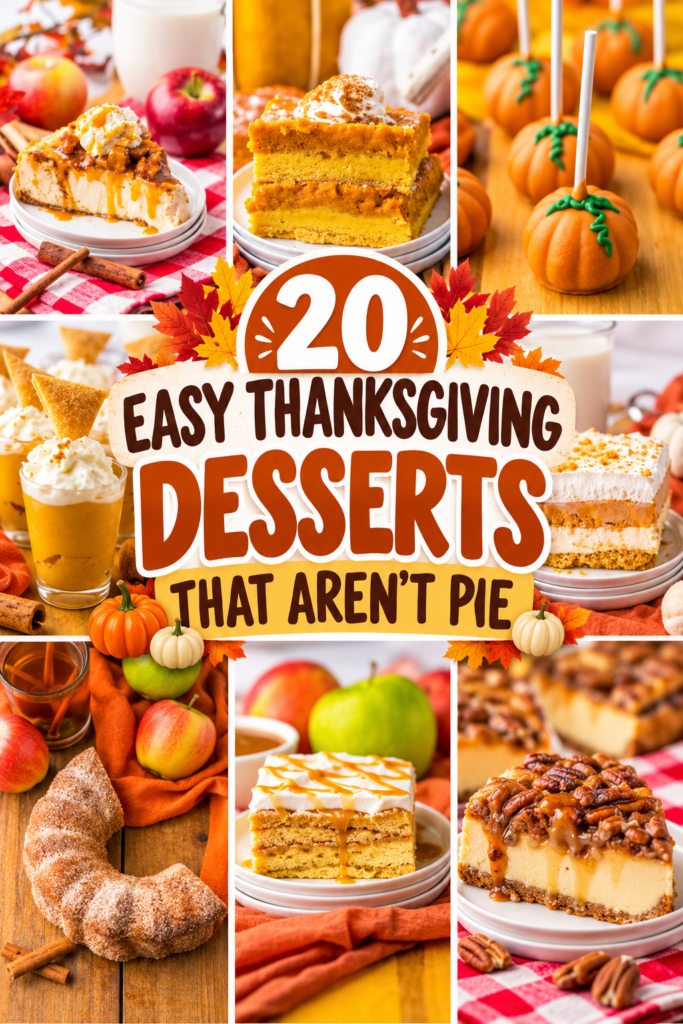 Collage of easy Thanksgiving desserts that aren't pie, including caramel apple cheesecake, pumpkin bars, pumpkin cookie truffles, pumpkin lush, apple cider doughnut cake, caramel apple icebox cake, and pecan pie cheesecake.