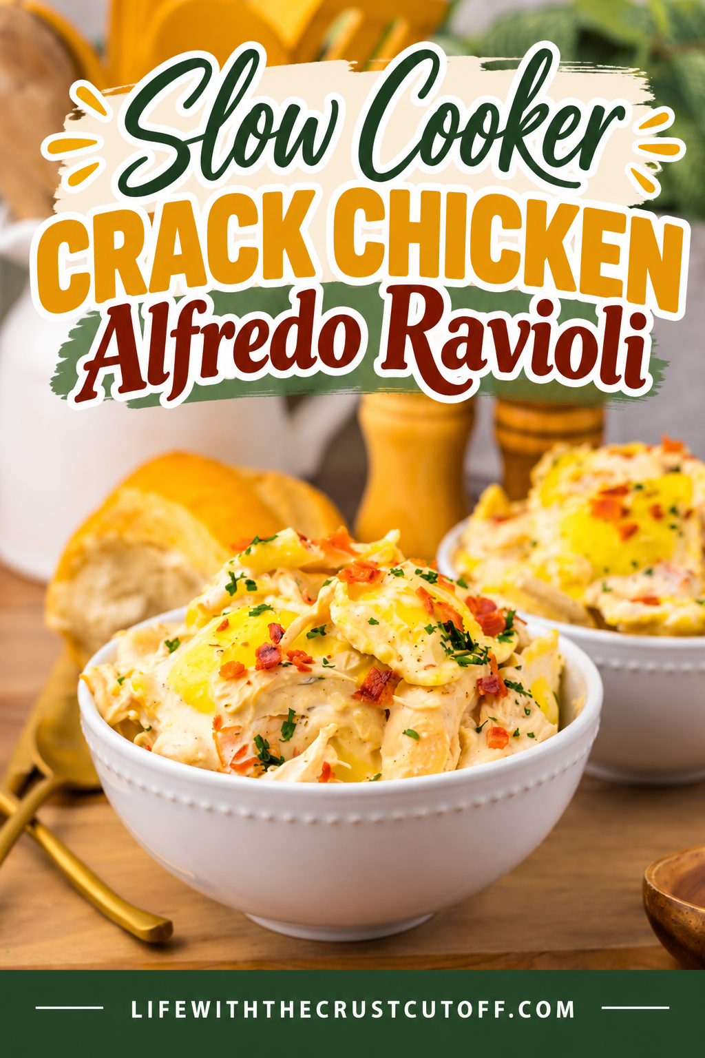 Slow Cooker Crack Chicken Alfredo Ravioli with tender chicken, cheese ravioli, creamy Alfredo sauce, bacon, and fresh parsley.