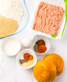 Ingredients for Copycat McDonald’s Hot & Spicy Chicken Sandwich with ground chicken, breading, and seasonings.