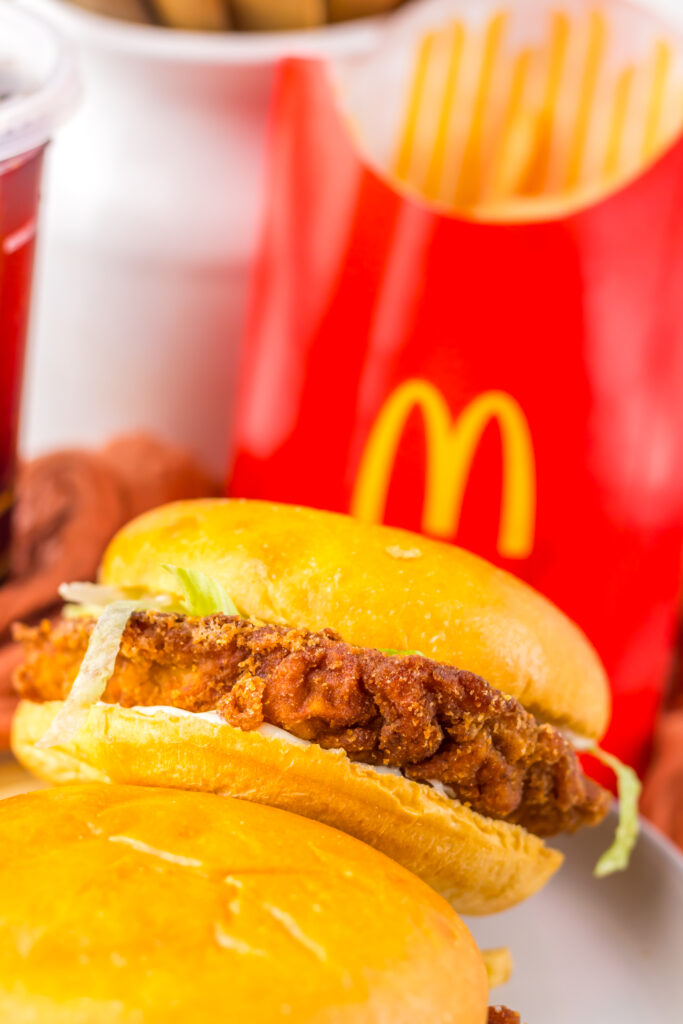 Close-up of a homemade McDonald’s Hot & Spicy Chicken Sandwich.