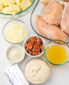 Ingredients for Slow Cooker Crack Chicken Alfredo Ravioli including chicken breasts, Alfredo sauce, cheese, ranch seasoning, and bacon.