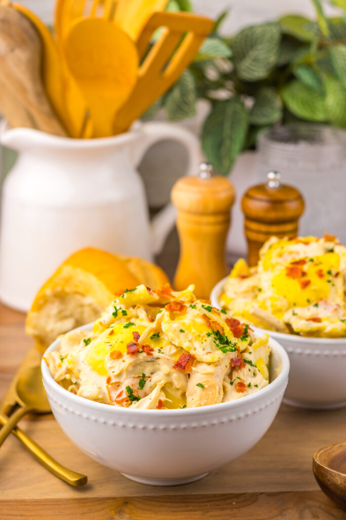 Finished Slow Cooker Crack Chicken Alfredo Ravioli served in a bowl.