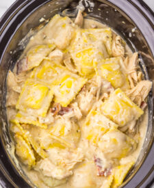 Tender shredded chicken cooking in creamy Alfredo sauce with melted cheese.